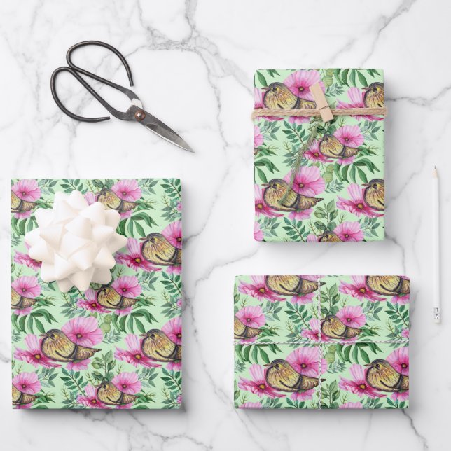 Bird Perched On Pink Flowers Leaves Branches Wrapping Paper Sheets (Front)