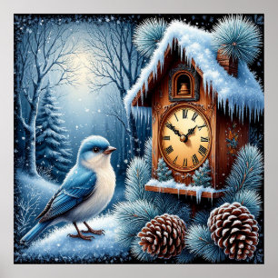 Bird, Pinecones, and Wooden Clock Poster