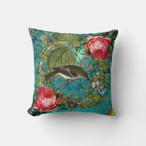 BIRD PINK ROSES BUTTERFLIES AQUA BLUETEAL DAMASK THROW PILLOW