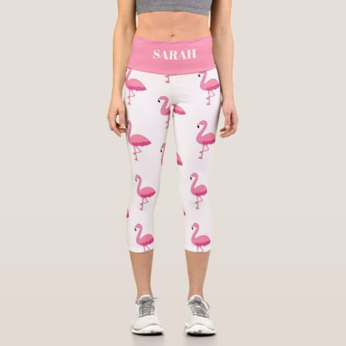 Bird Print Flamingo Pattern With Custom Name Capri Leggings