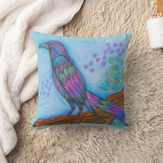Bird Print Throw Pillow With Rainbow Grackle  (Blanket)