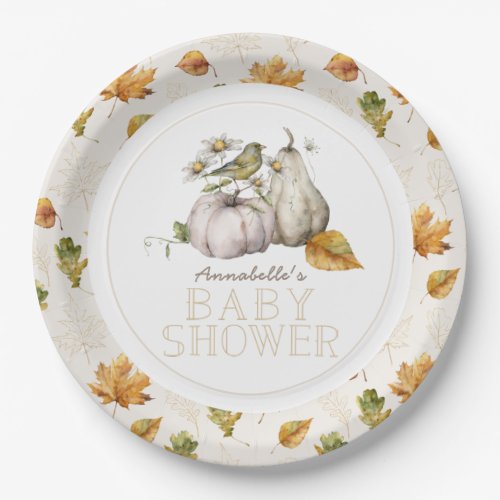 Bird Pumpkin Fall Leaves Watercolor Baby Shower Paper Plates