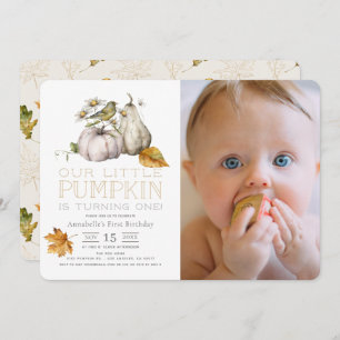 Bird Pumpkin Fall Watercolor 1st Birthday Photo Invitation