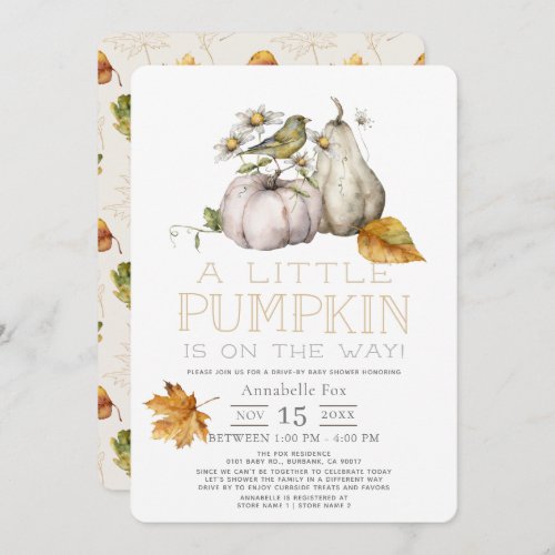 Bird Pumpkin Fall Watercolor Drive_by Baby Shower Invitation