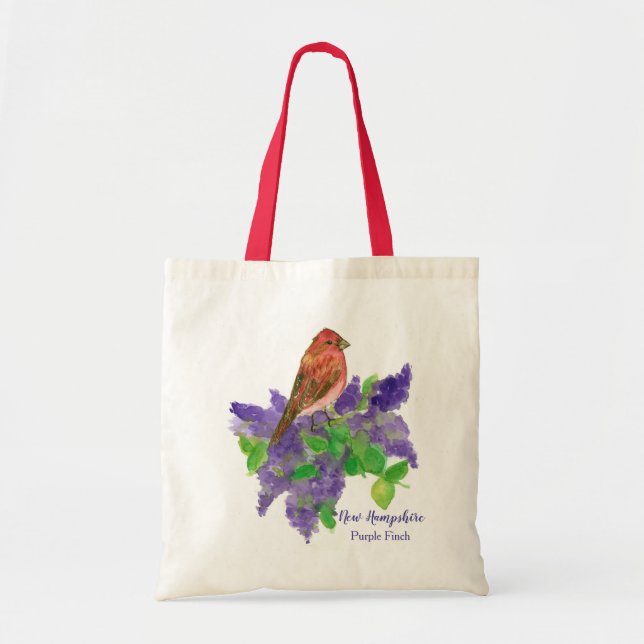Bird Purple Finch Lilac Flowers Watercolor Tote Bag (Front)