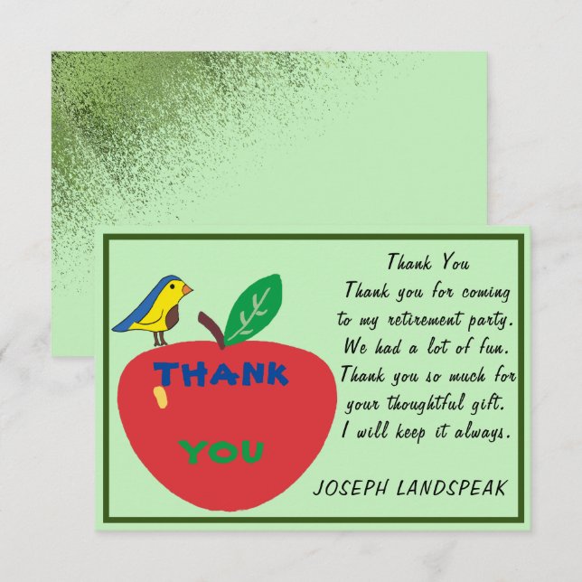 Bird & Red Apple & Green Glitter Retirement Thanks Note Card (Front/Back)