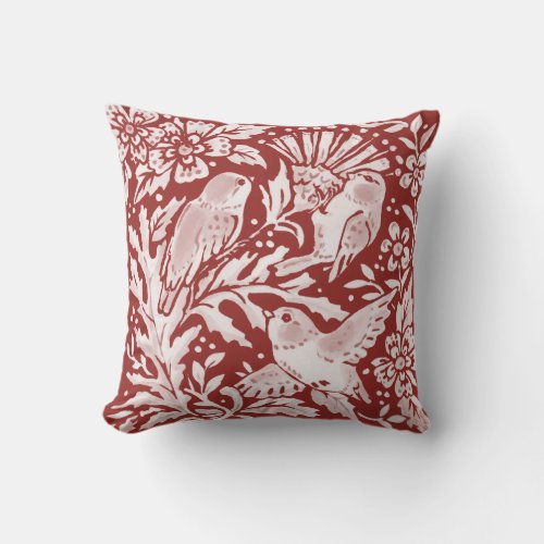 Bird Red Brick Woodland Thistle Floral Damask  Throw Pillow