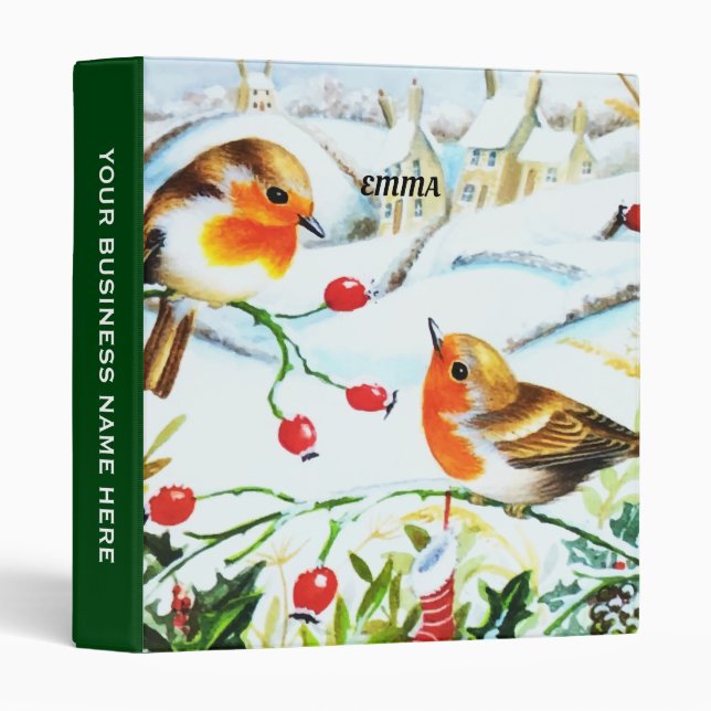 Bird Robin Couple Winter Holly Christmas 3 Ring Binder (Front/Spine)