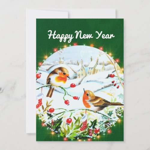 Bird Robin Couple Winter Holly Christmas Announcement