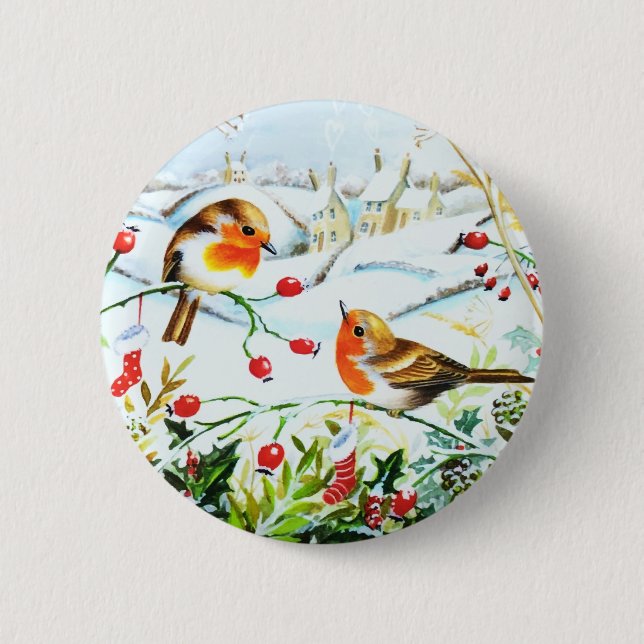 Bird Robin Couple Winter Holly Christmas Button (Front)
