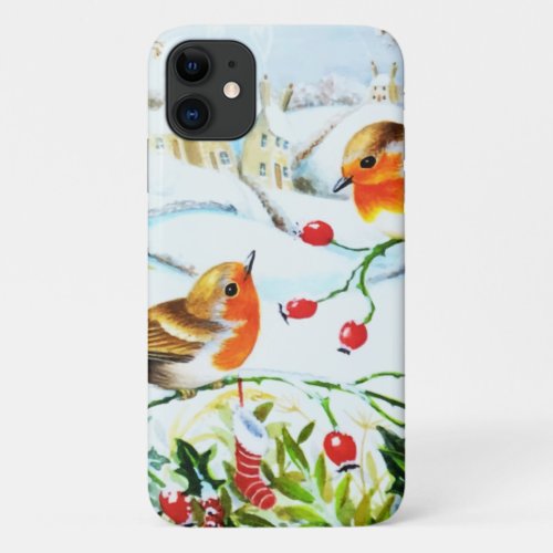 Bird Robin Couple Winter Holly Christmas iPhone 11 Case