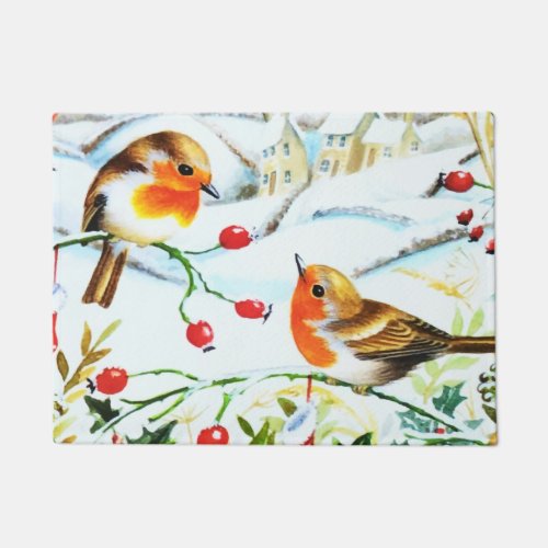 Bird Robin Couple Winter Holly Christmas Doormat