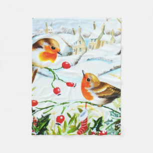 Bird Robin Couple Winter Holly Christmas Fleece Blanket