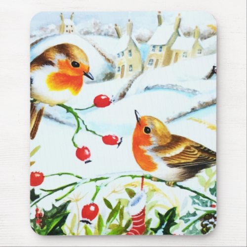 Bird Robin Couple Winter Holly Christmas Mouse Pad