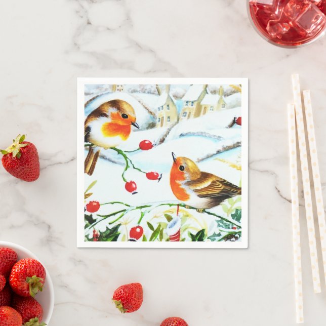 Bird Robin Couple Winter Holly Christmas Napkins (Insitu)