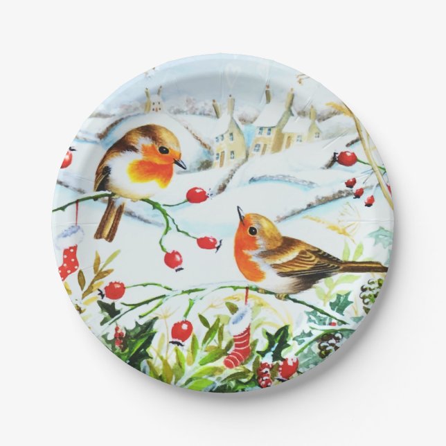 Bird Robin Couple Winter Holly Christmas Paper Plates (Front)