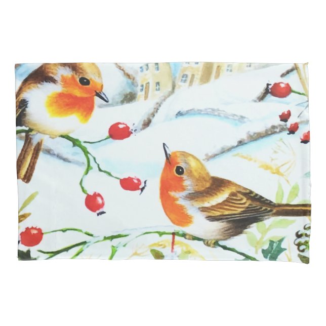 Bird Robin Couple Winter Holly Christmas Pillow Case (Front)