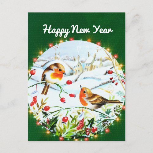 Bird Robin Couple Winter Holly Christmas Postcard