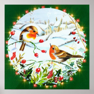 Bird Robin Couple Winter Holly Christmas Poster