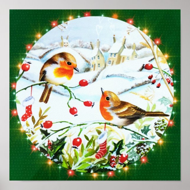 Bird Robin Couple Winter Holly Christmas Poster (Front)