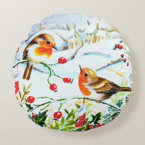 Bird Robin Couple Winter Holly Christmas Round Pillow