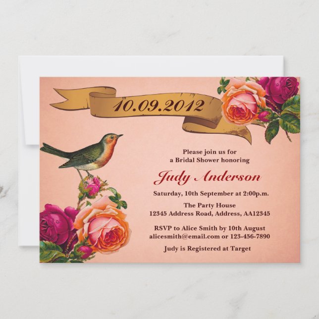 Bird Rose Antique Bridal Shower Invitation (Pink) (Front)