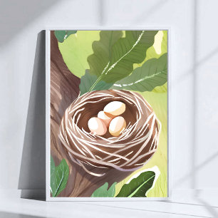Bird’s Nest Watercolor Eggs Nature Painting Poster
