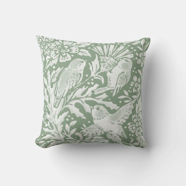 Bird Sage Green Woodland Thistle Floral Damask Throw Pillow (Front)