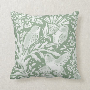 Bird Sage Green Woodland Thistle Floral Damask Throw Pillow