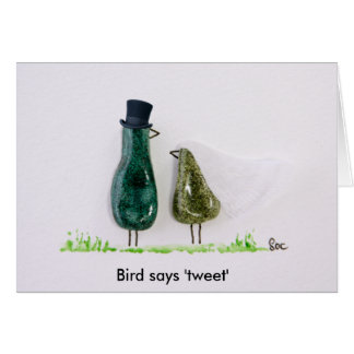 Bird says 'tweet' Wedding couple in green ceramic Cards