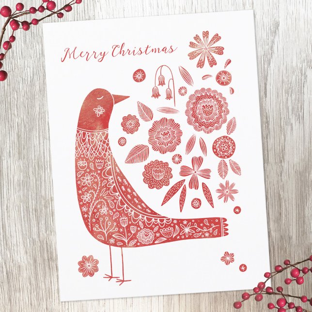 Bird Scandinavian Holiday Postcard (Watercolor bird and flower red and white holiday card)