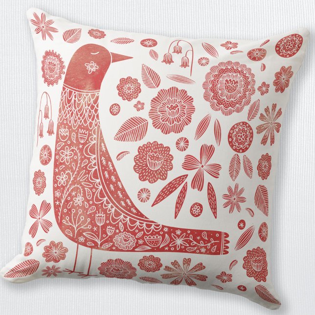 Bird Scandinavian Red White Throw Pillow (Red and white folk art Scandinavian bird and flower throw pillow)