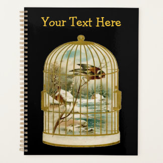 Bird Snow Covered Farm by Stream in Gold Birdcage  Planner