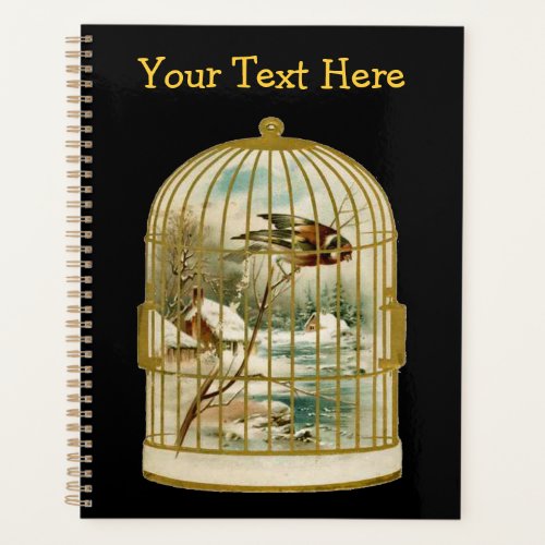 Bird Snow Covered Farm by Stream in Gold Birdcage  Planner