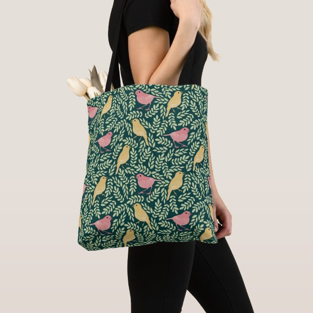 Bird songbird botanical print tote bag (Close Up)