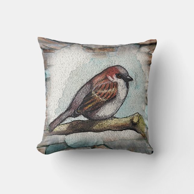 Bird, Sparrow: Watercolor Painting: Rocks, Stones Throw Pillow (Front)