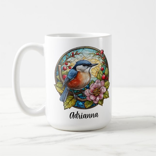 Bird Stained Glass Flowers Berries Name Coffee Mug (Left)