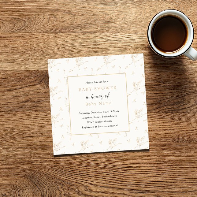 Bird, stork unisex baby shower invitation (Baby shower square invitation card with vintage style border of storks and gold frame)