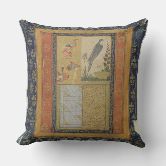 Bird study and calligraphy, Golconda, Andhra Prade Throw Pillow (Front)