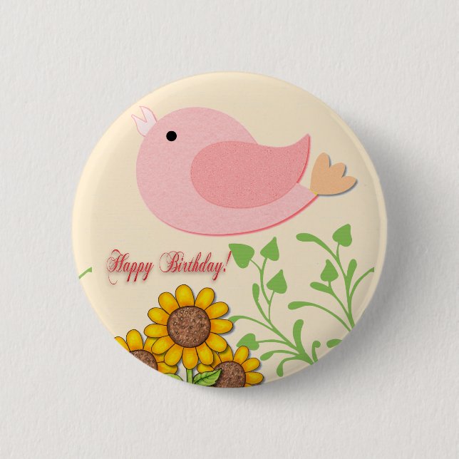 Bird & Sunflowers Birthday Button (Front)