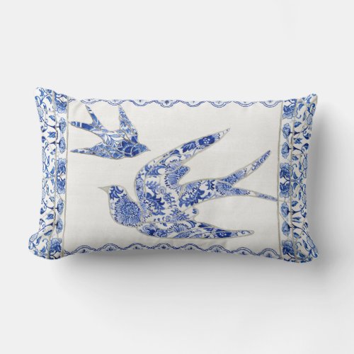 Bird Swallow Blue White Chinoiserie Floral Vintage Lumbar Pillow