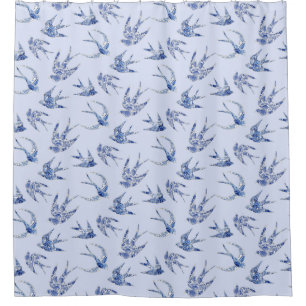 Bird Swallow Floral Blue White Vintage Chinoiserie Shower Curtain