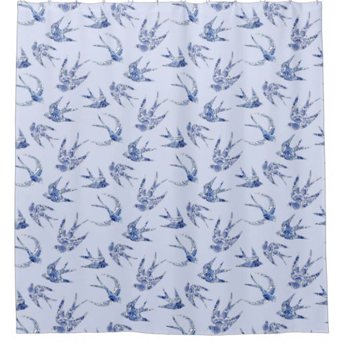 Bird Swallow Floral Blue White Vintage Chinoiserie Shower Curtain