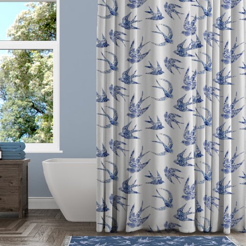 Bird Swallow Floral Navy White Chinoiserie Vintage Shower Curtain