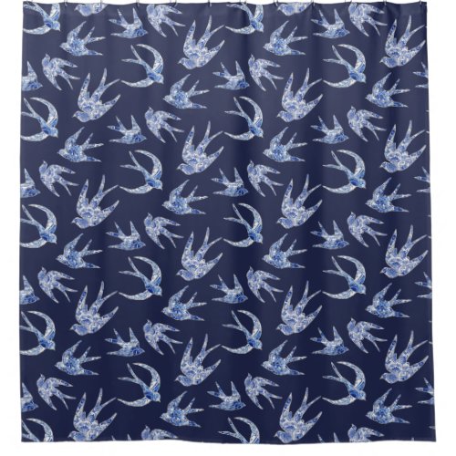 Bird Swallow Floral Navy White Vintage Chinese Shower Curtain