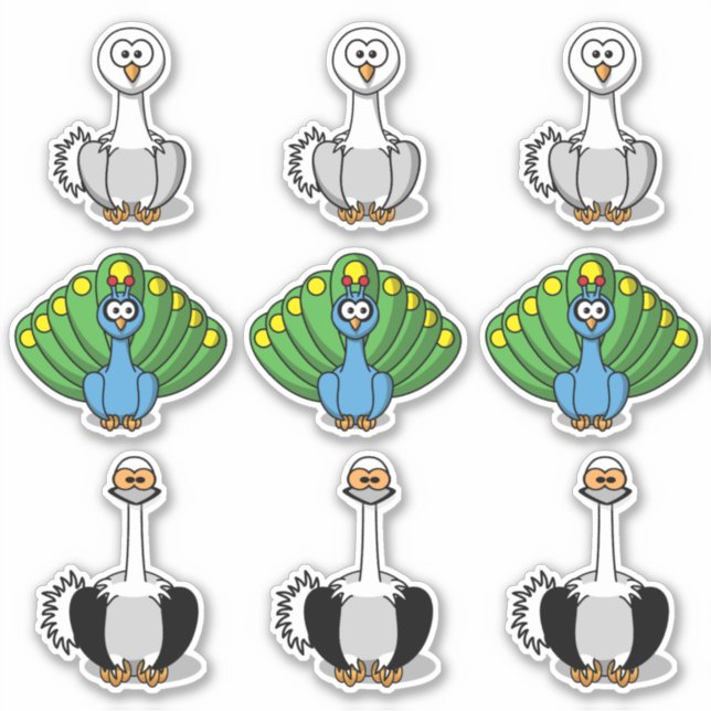 Bird Swan, Peacock, Ostrich Cartoon Sticker (Front)