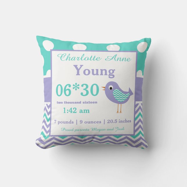 Bird Teal Purple Baby Announcement Pillow (Front)
