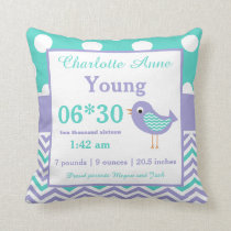 Bird Teal Purple Baby Announcement Pillow