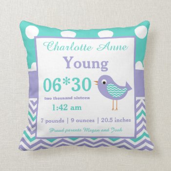 Bird Teal Purple Baby Announcement Pillow by mybabytee at Zazzle