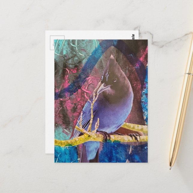 Bird That is Beautiful  Blue Mixed Media Collage Postcard (Front/Back In Situ)